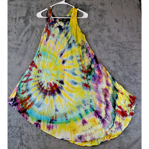 S.R. Fashion Free Size Rayon Sundress Embroidered Tie-Dye Rainbow Swirl Boho Ind - Picture 1 of 13